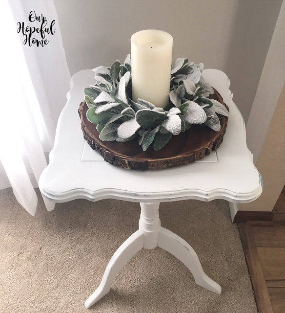 LED candle eucalyptus leaf candle ring white chalk painted side table