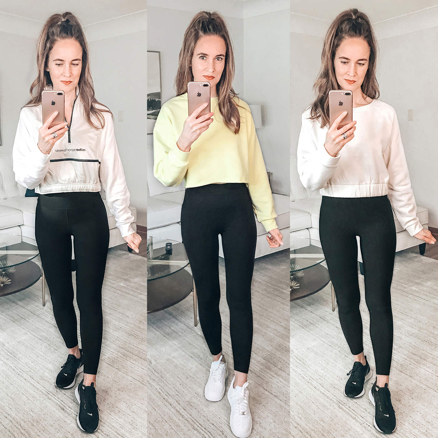 spring workout outfits, black leggings, yellow crop sweatshirt, nike air force 1 sneakers