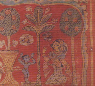 The infant Krishna is tied to a huge mortar by his foster-mother Yashoda to keep him from mischief. In this of depicted episode from his childhood, Krishna proves his superhuman strength by pulling the mortar after him between two trees, which he thus uproots. Manuscript illustration from west India. Fifteenth century. Victoria and Albert Museum, London.