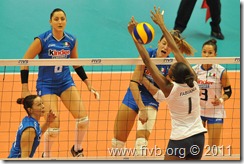 Italy's Valentina Arrighetti spikes against Brazil's Fabiana
