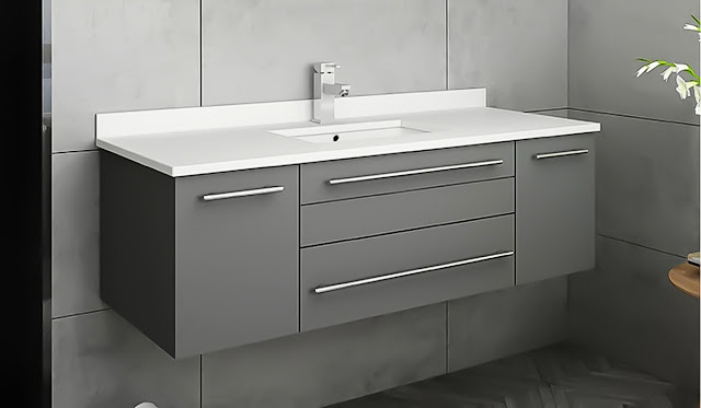 Fresca Lucera vanity in gray with silver hardware.