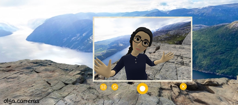 Avatar de realidad virtual de Olga Carreras haciéndose una foto en Pulpit Rock (Noruega)