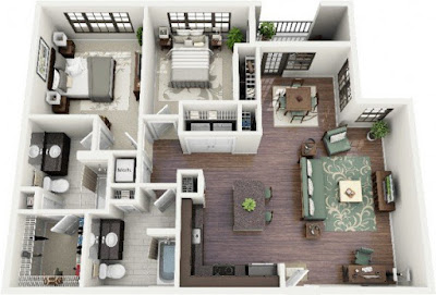2 bedroom floor plans with L-shaped kitchen
