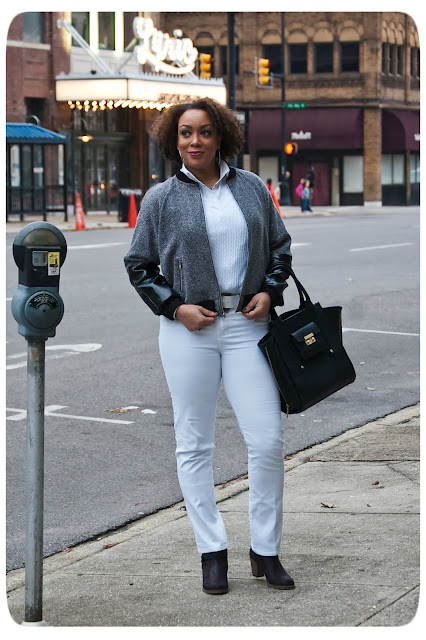 Erica B.'s - DIY Style!  Burda 7210 | Leather-sleeved Tweed Bomber Jacket