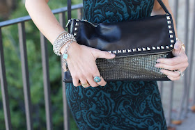 Zara studded clutch, Tiffany bracelets, Chanel Frenzy nail polish