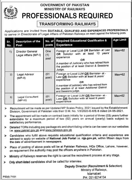 Ministry Of Railways Jobs 2023 Latest Advertisement Islamabad
