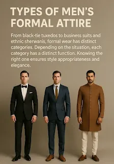 Three men showcasing different types of men’s formal attire — a black-tie tuxedo, a business suit, and an ethnic sherwani — standing side by side against a neutral background.