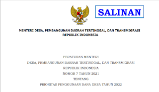 Download Permendesa PDTT Nomor 7 Tahun 2021 Tentang Prioritas Penggunaan Dana Desa Tahun 2022