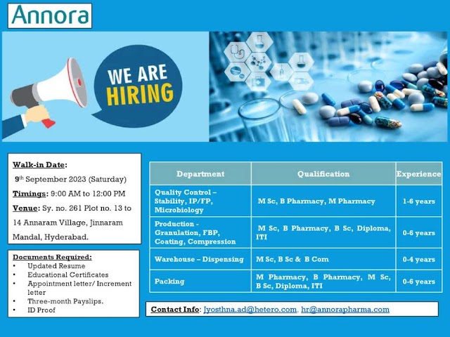 Annora Pharma | Walk-in interview for Freshers and Experienced on 9th Sep 2023