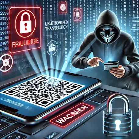 A 3D digital illustration of a smartphone scanning a fraudulent QR code. The screen shows a warning sign, indicating an unauthorized transaction. A hacker in a dark hoodie smirks in the background while manipulating financial data on a laptop. Digital security symbols, such as red alerts and locked padlocks, float around, emphasizing the cyber threat."
