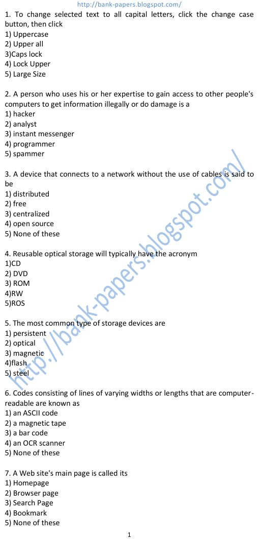 ibps computer knowledge question papers