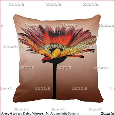 Artsy Gerbera Daisy Watercolor Throw Pillow with Zazzle Watermark