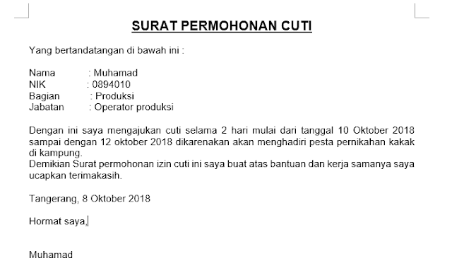 Contoh surat permohonan cuti karyawan