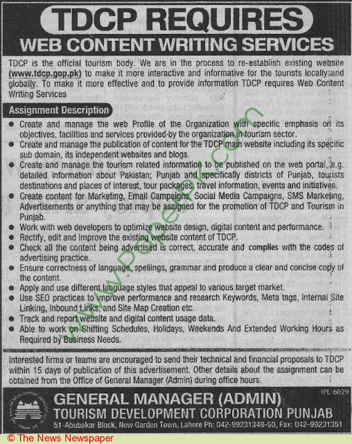 Tourism Development Corporation Punjab Lahore Jobs ,careers admissions and tenders in The News Newspaper Pakistan (18 June, 2013)