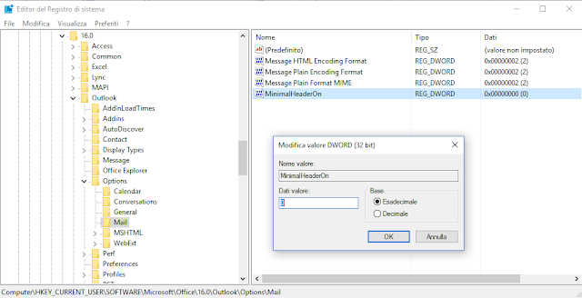 Outlook 2016, Registro di sistema - valore MinimalHeaderOn