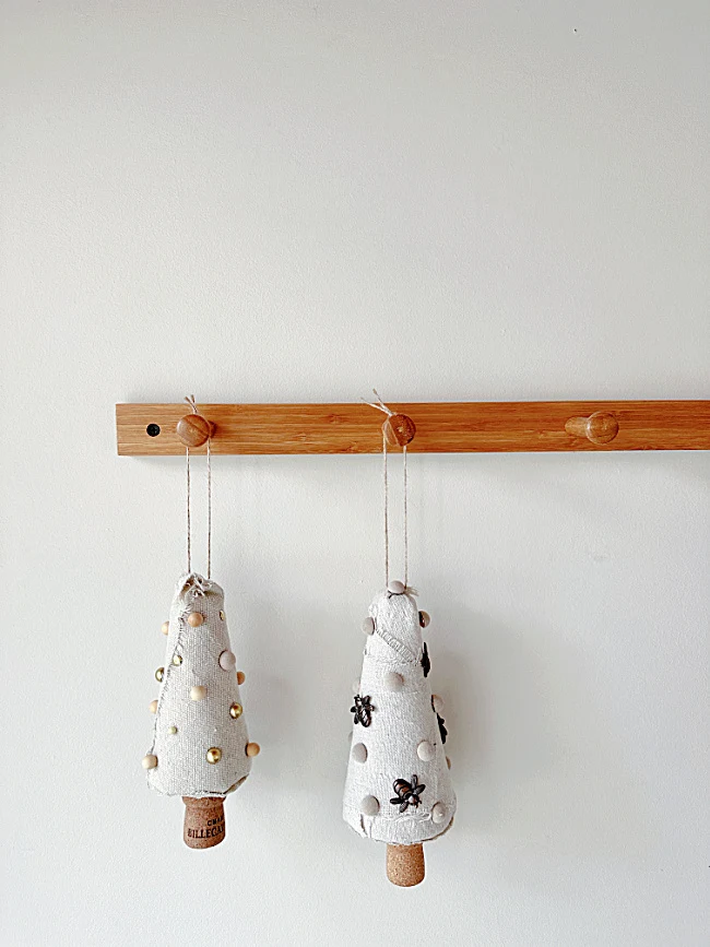 Tree ornaments on peg shelf