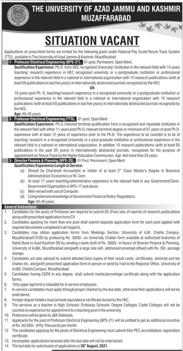 Professor jobs in university of Azad jammu and Kashmir Muzaffarabad.