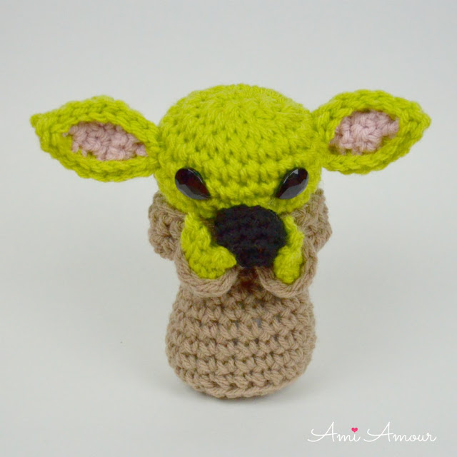 Baby yoda crochet doll with large ears and soup cup