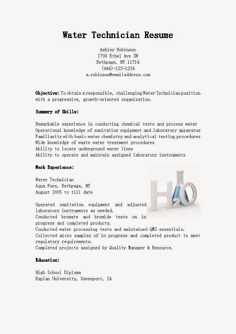 Water Technician Resume Sample