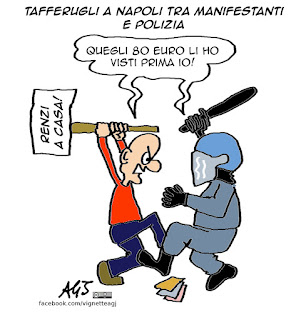 renzi, napoli, contestatori, manifestazione, polizia, satira, vignetta