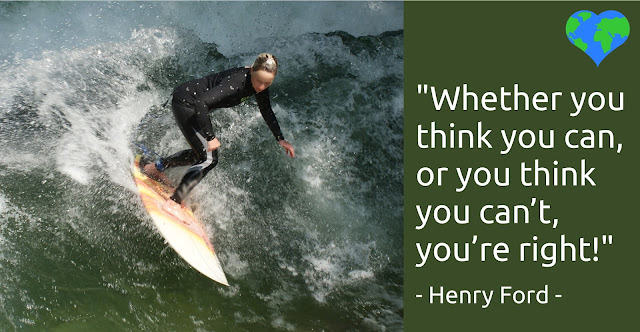 Picture of a surfing lady with Henry Ford's quote written next to it