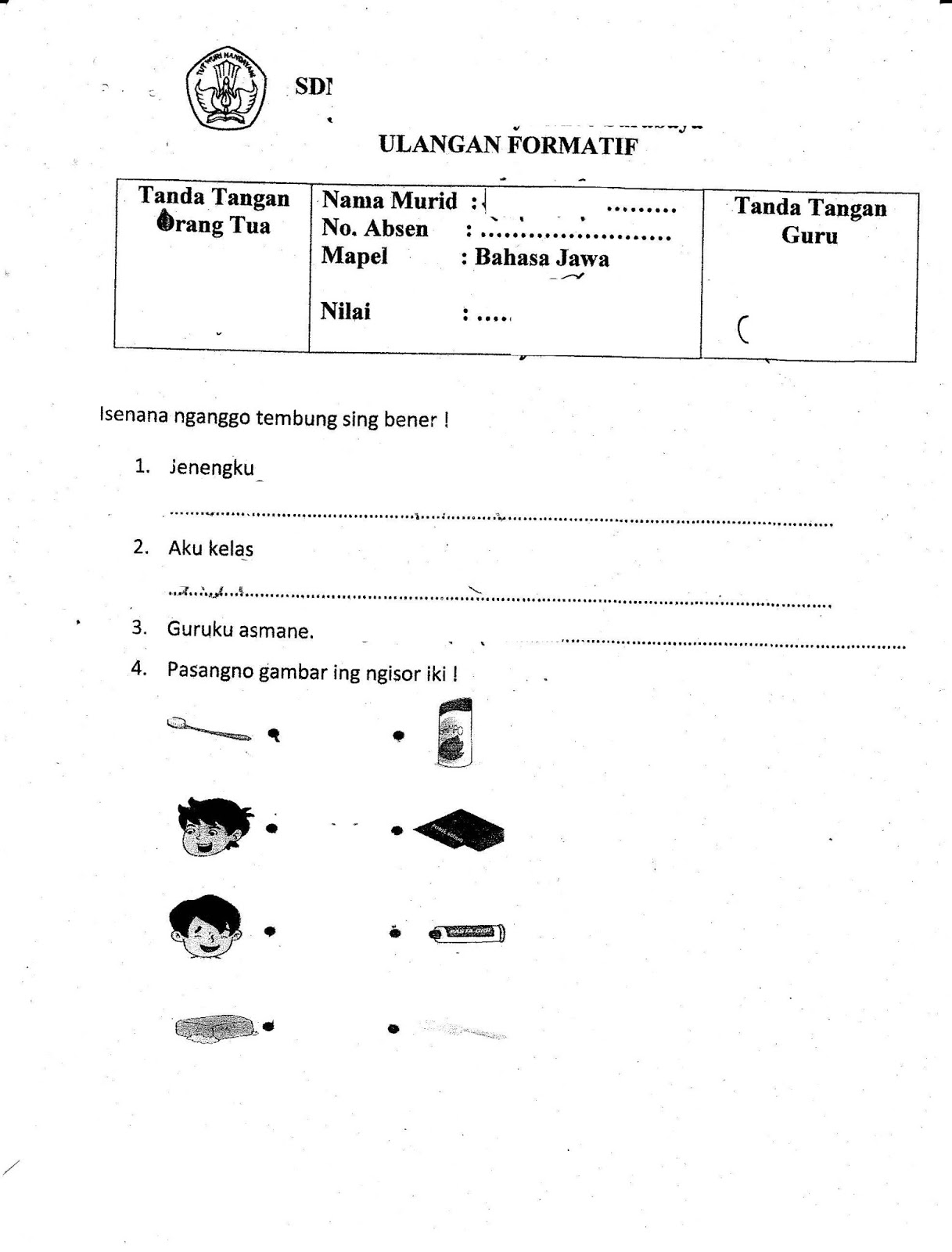 Formatif 1 Bahasa Jawa SD Kelas 1 Semester Ganjil TA 2015 2016 Kurikulum 2013