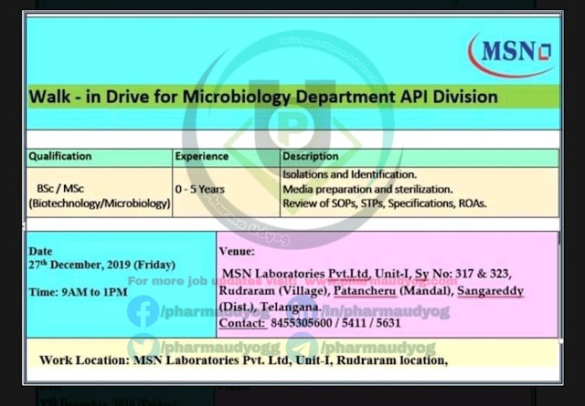MSN Laboratories | Walk-in for Microbiology on 27 Dec 2019 | Pharma Jobs in Hyderabad