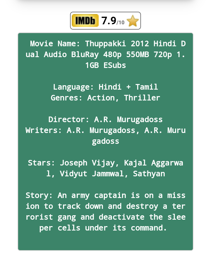 Thuppakki 2012 Hindi Dual Audio BluRay 480p 550MB 720p 1.1GB