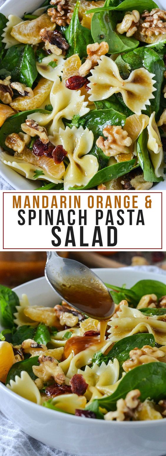 An easy recipe for Mandarin Orange and Spinach Pasta Salad loaded with goodness and topped with an easy 3 ingredient dressing!