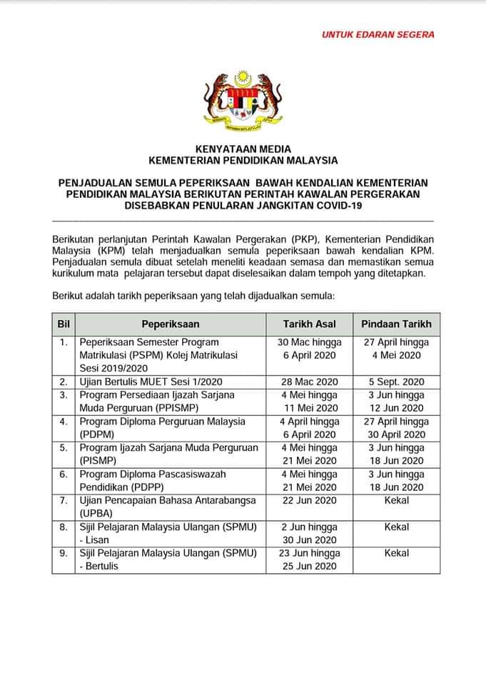 Jadual Terkini Peperiksaan Upsr Pt3 Spm Stpm 2020 Dan Lain Lain Peperiksaan Dibawah Kementerian Pendidikan Malaysia Cahaya Hayati