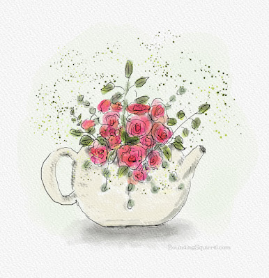 Picture shows a digital watercolour line and wash painting sketch of corral-pink roses, growing out of a cream teapot, against a pale green background.