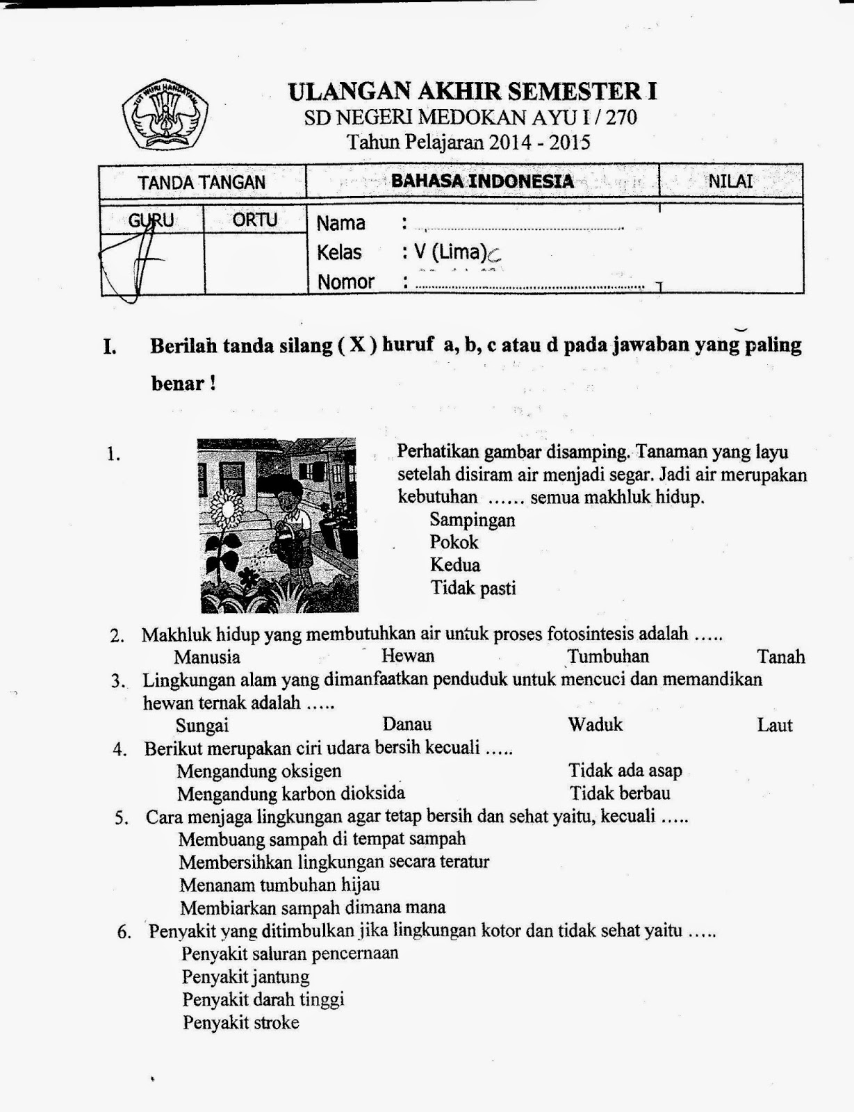 UAS Semester Ganjil Bahasa Indonesia Kelas 5 SD TA 2014 2015