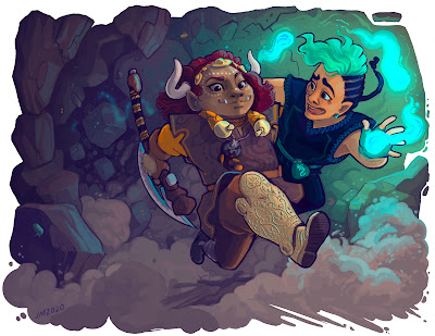 In the midst of a cave-in, an essaruk barbarian with a prosthetic lower leg is running for safety. She has a battleaxe in one hand and a frightened comrade — an elf sorcerer — carried under the other arm.