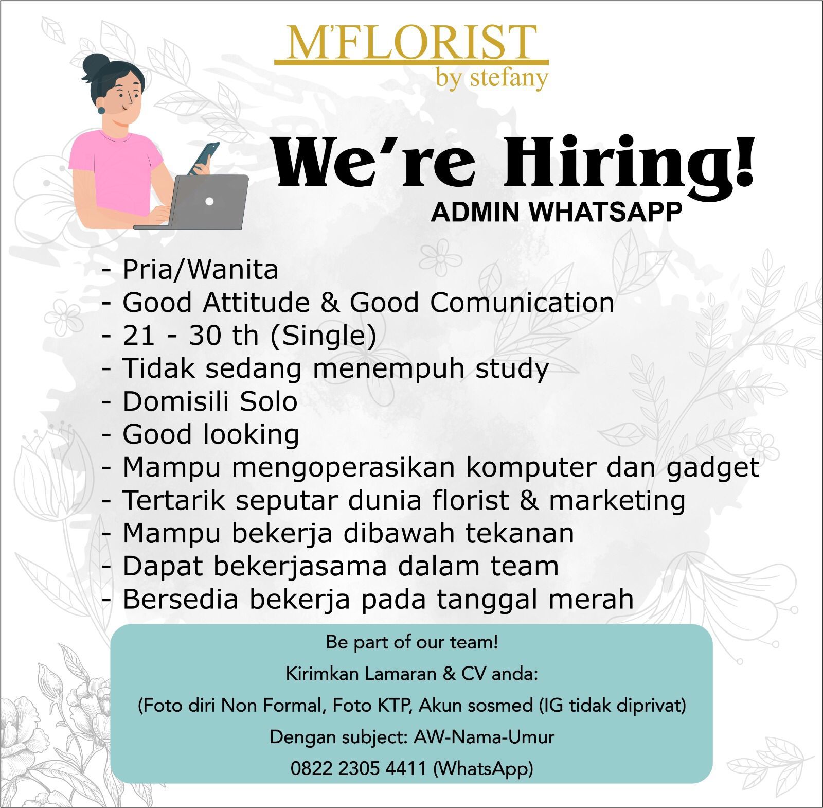 Loker Admin WhatsApp, Social Media Handling, Driver Serabutan di M'Florist by Stefany Solo