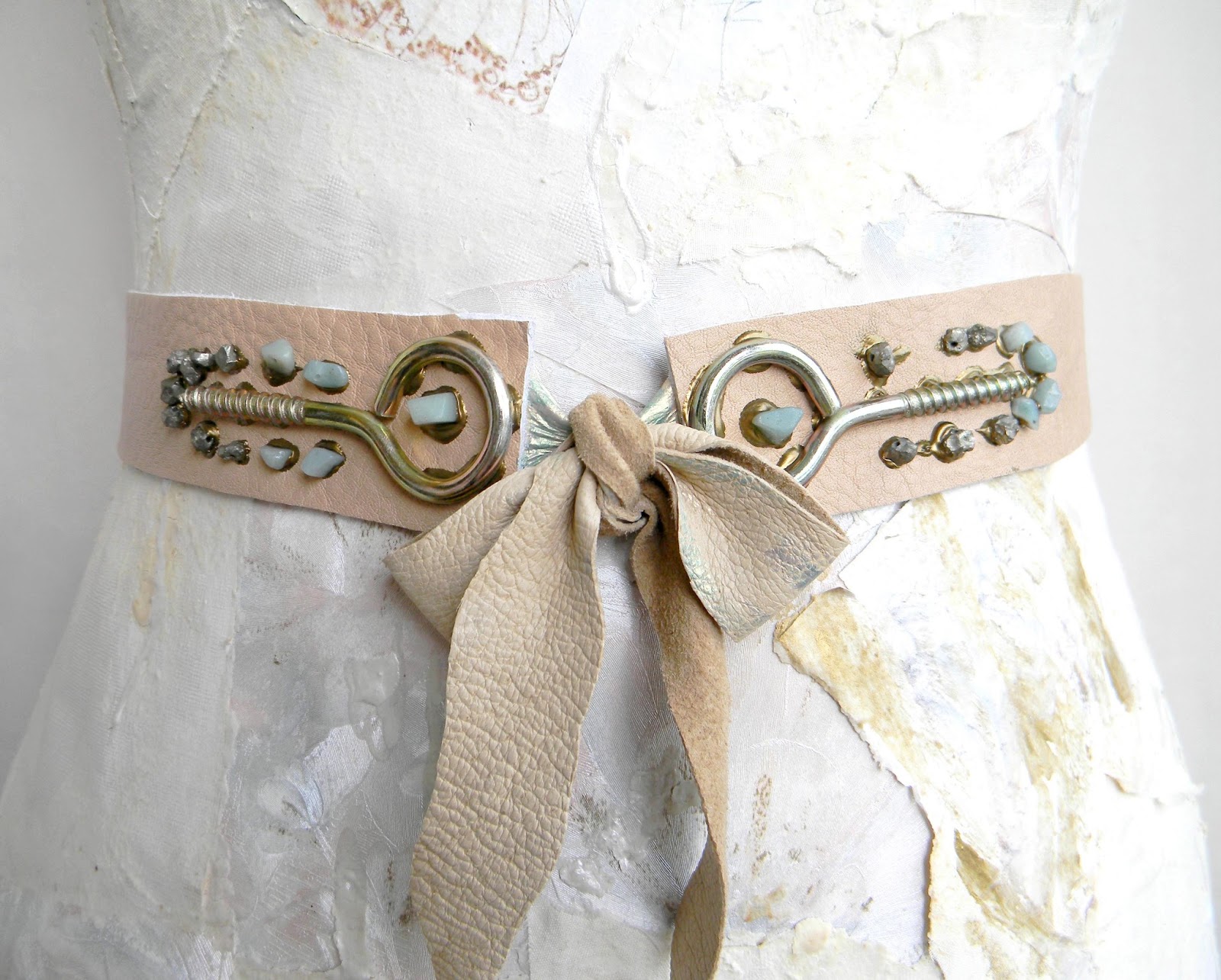 Steampunk Waist Belt Nude Leather Couture with Amazonite Beads