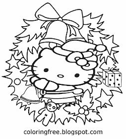 Hello kitty coloring book pages holly wreath Christmas holiday easy creative drawing ideas for girls