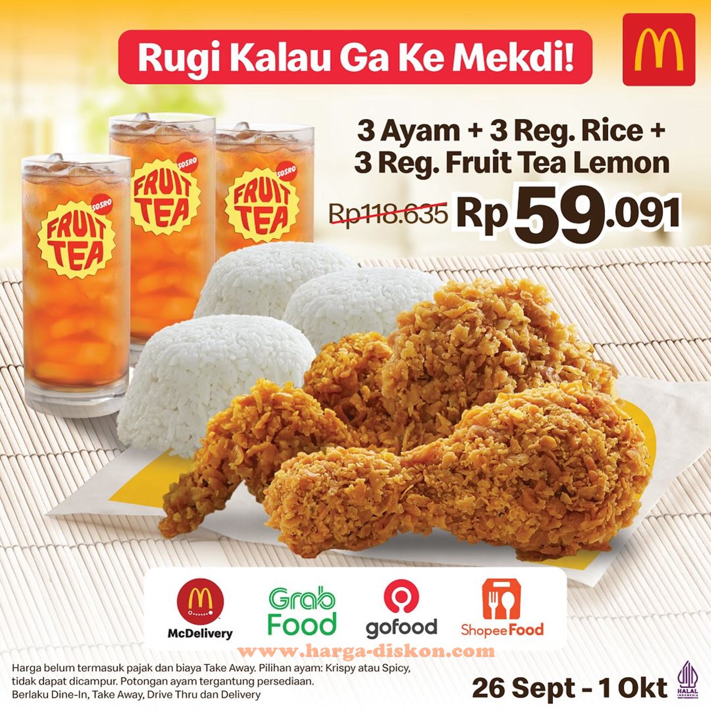 Promo McDonalds 3 Ayam + 3 Nasi + 3 Minuman Rp59.091 Periode 26 September - 1 Oktober 2023