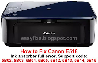 How to Fix Canon E518 ink absorber full error, support code 5B02, 5B03, 5B04, 5B05, 5B12, 5B13, 5B14, 5B15, 1702, 1703, 1704, 1705, 1712, 1713, 1714, 1715