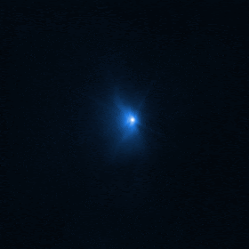 An animated GIF showing DART's impact with asteroid moonlet Dimorphos...as seen by the Hubble Space Telescope on September 26, 2022.