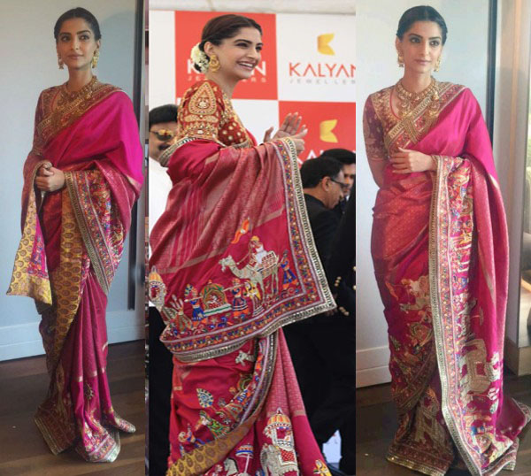 Sonam Kapoor in Pink Banarasi Silk Embroidered Saree by Abu Jani Sandeep Khosla