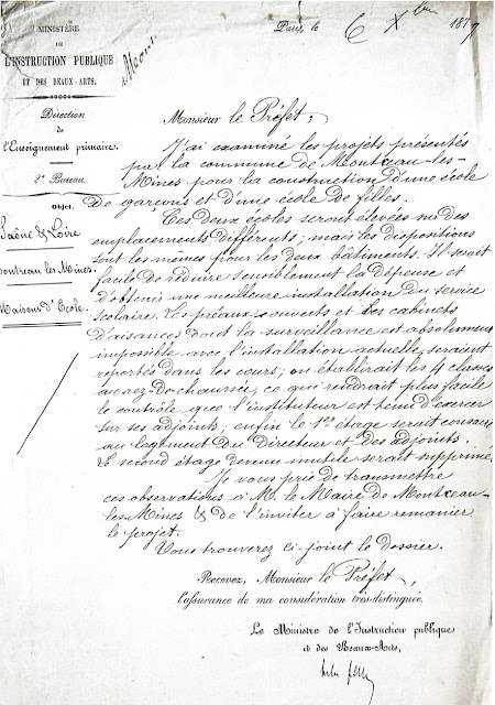 Lettre de Jules Ferry, Ministre de l'Instruction Publique et des Beaux Arts, au Préfet de Saône-et-Loire, le 6 décembre 1879 (ADSL O 1525)