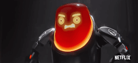 Imagen promocional de un robot malo, enfadado, con la cabeza roja