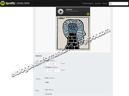 Widget Spotify para blog - Imagen Opciones adicionales
