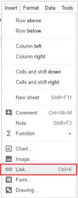 Collegamenti ipertestuali in Fogli Google: opzione di collegamento nella scheda Inserisci