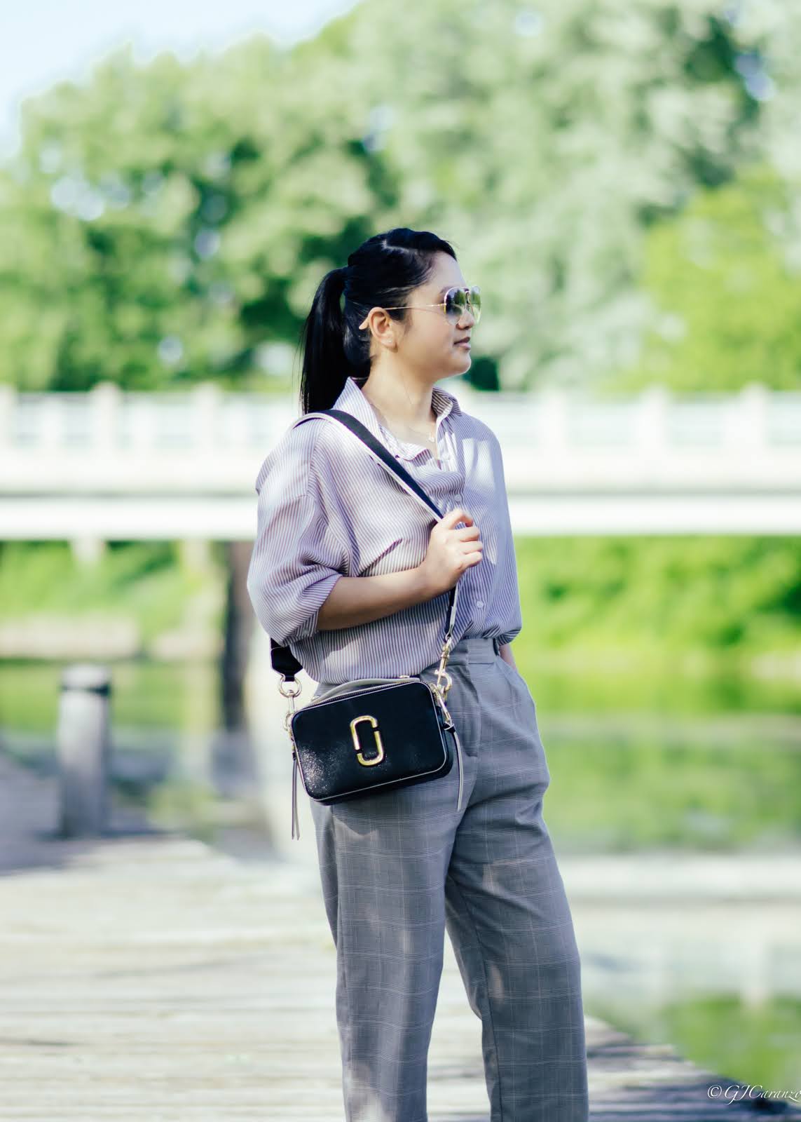 Flowy Stripe Shirt_Plaid Pants_Petite Summer Outfit_Marc Jacobs Sure Shot Bag