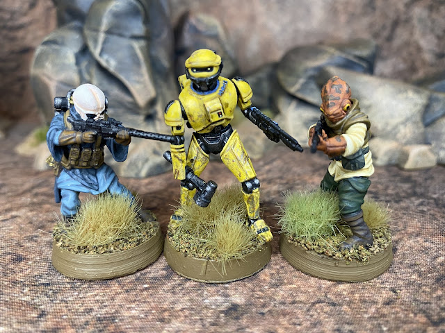 Star Wars Legion miniatures.  Unofficial 3D print proxies.  Bith, NED-B Loader Droid,  Mon Calamari Rebel Irregulars