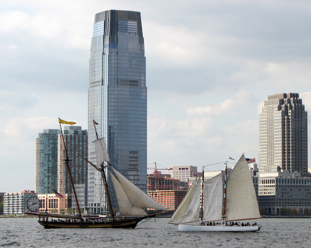 Colgate Clock, Goldman Sachs Tower, sailboats, Hudson River, New York