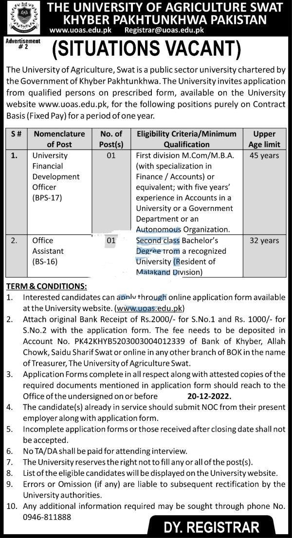 The University of Agriculture Swat Jobs 2022