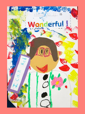 Kindergarten Self-Portraits in Response to picture book & song "You're Wonderful" by Debbie Clement