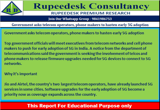 Government asks telecom operators, phone makers to hasten early 5G adoption - Rupeedesk Reports - 12.10.2022